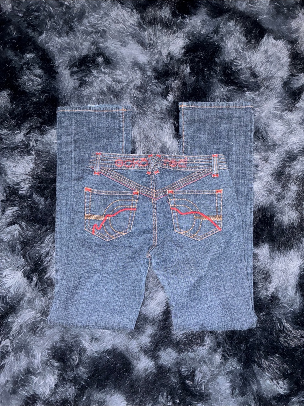Vintage 04 Ecko Unlimited Boot Cut Jeans Blue with Red Stitching size 5 EUC